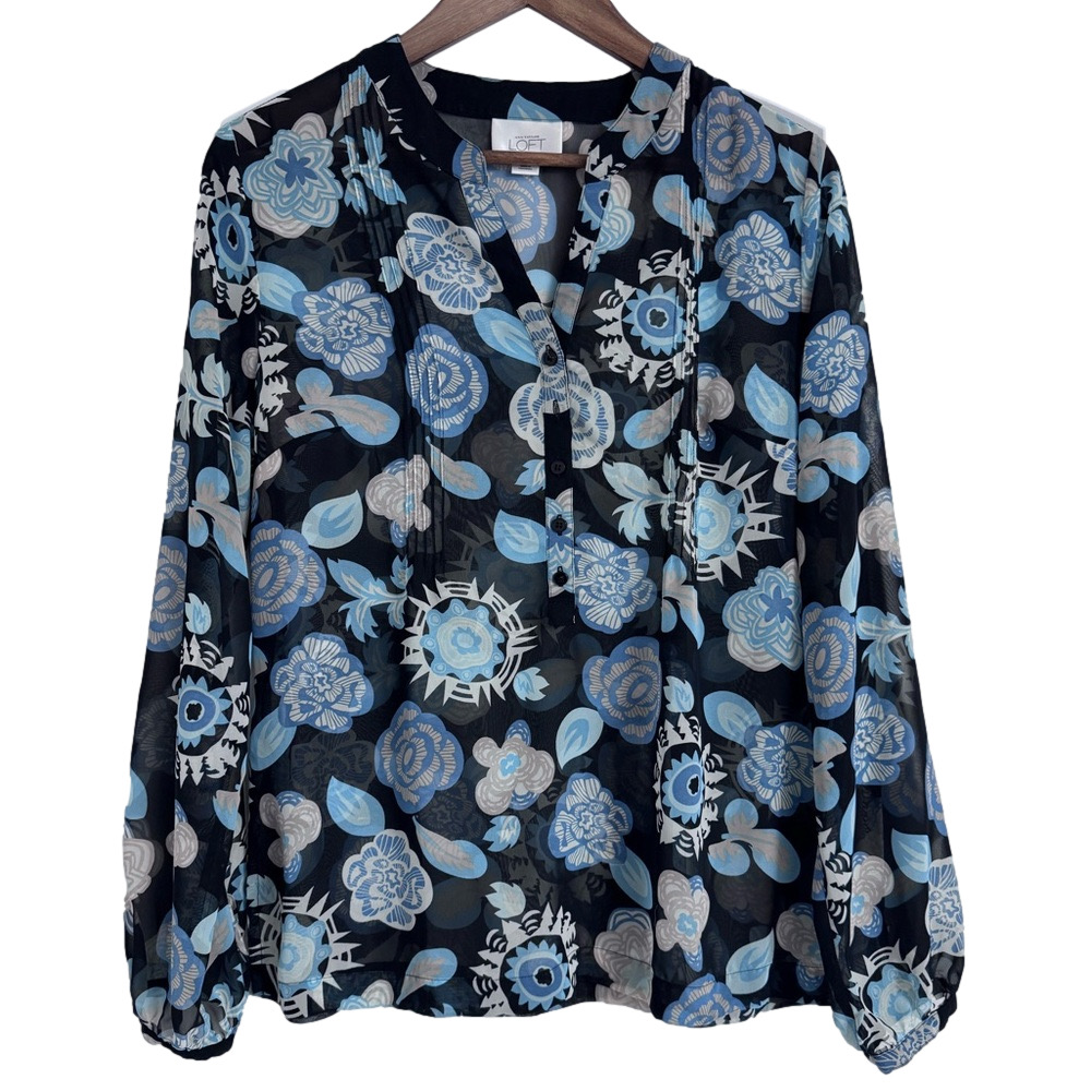 Loft by Ann Taylor Women’s Sheer Navy Long Sleeve Floral Blouse Size 12